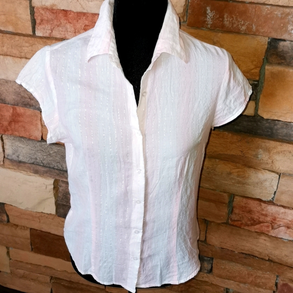 GUESS JEANS Pink and White Blouse with Silver Threads